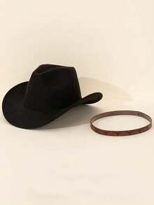 1 件男女通用西部牛仔礼帽，配有可拆卸 PU 装饰腰带 - 由涤纶毡制成，黑色带棕色装饰，非常适合休闲穿着、圣诞派对和主题活动