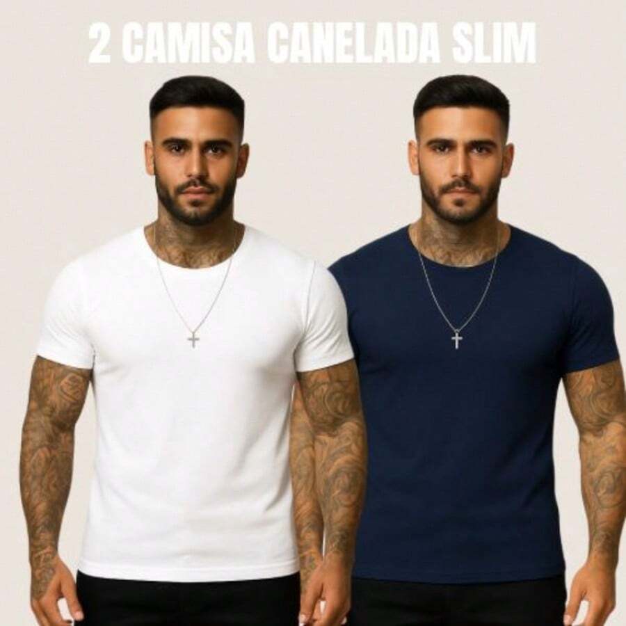 Kit 2 Camiseta Masculina Modelo Americano Canelada Básica - Branco & Azul  Marinho - Visão 1