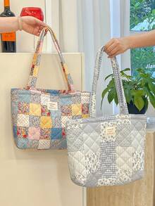 1 PC Printed Floral Patchwork Women Elegant Casual Quilted Shoulder Tote Bag Portable Large Capacity Shopping Bag Mommy Bag, For Office Commuting Travel And Vacation Essentials Cosmetics Makeup Toiletry Storage Bag, For Mobile Phone, Wallet, Sanitary Napkins, Keys, Laptop Computer, Wired Earphones, Earpods, Headphones, Charger, Lipsticks, Perfume, Skin Care And Beauty Products, Friend Gift Holiday Gift, Gifts For Women, Christmas Gifts, Gift Ideas For Women