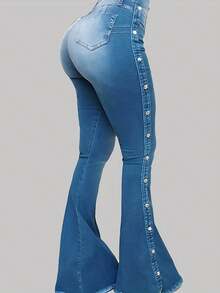High Waist Flare Bell Bottom Jeans For Women – Stretchy Slim Fit Denim Pants With Side Button Detail - 藍色 - 查看 3