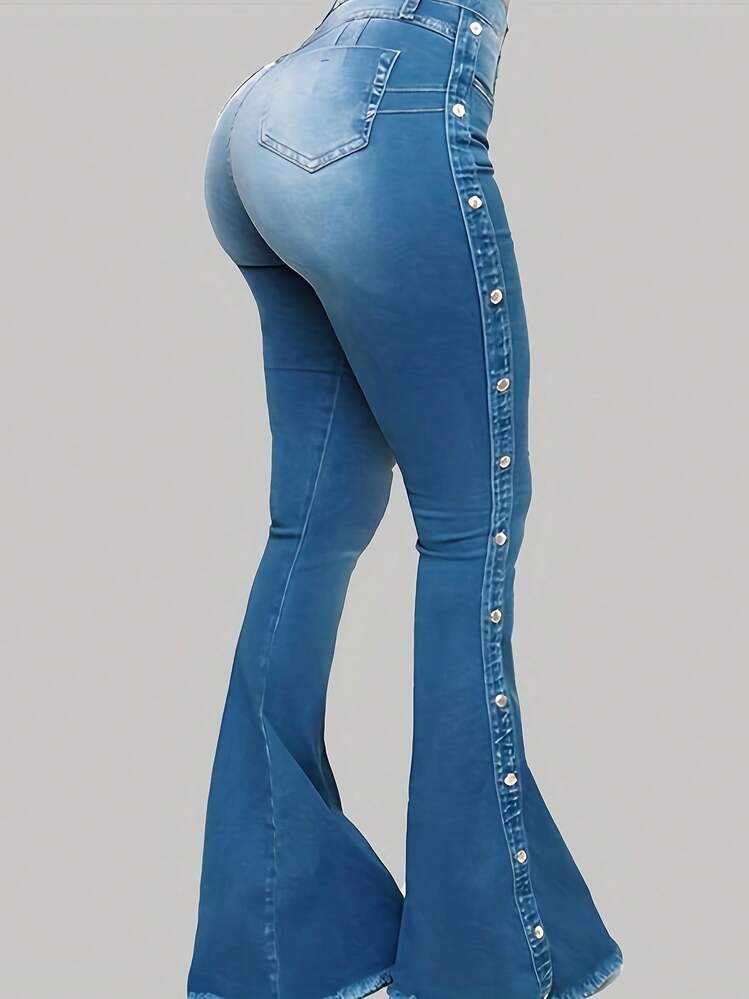 High Waist Flare Bell Bottom Jeans For Women – Stretchy Slim Fit Denim Pants With Side Button Detail - Màu xanh lam - Xem 3