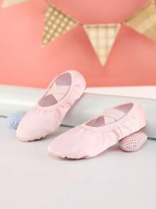 儿童公主芭蕾舞鞋，女童室内软底舞蹈鞋，瑜伽鞋，练习鞋，平底拖鞋，缎面面料 - 粉色 - 查看 5