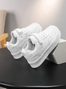 Kids White Thick Sole Sneakers, Hook And Loop Design Easy On/Off Casual Trainers, Suitable For Daily Wear & Outdoor Sports, Boys & Girls