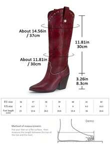Tropiscape 女士西部牛仔靴 性感过膝刺绣红色时尚拉链西部靴 套穿尖头粗跟乡村长靴 圣诞礼物 - 酒紅色 - 查看 8