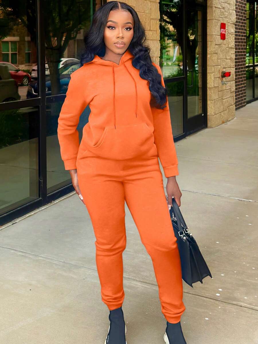 女士连帽长袖口袋纯色休闲日常上衣和裤子套装 春季服装 - 橘色 - 查看 1