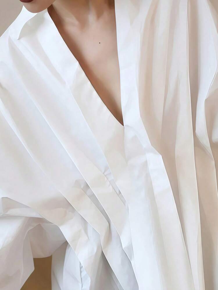 女士纯色休闲衬衫，V 领梭织面料，优雅休闲机场及日常穿着，春秋季 - 白色 - 查看 2