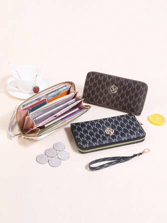 时尚PU材质字母印花手腕拉链袋卡槽手机钱包女士迷你钱包钱包长款钱包腕包钱包钥匙扣