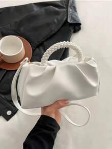 New Fashion Pearl Handbag Mini Square Bag, Shoulder & Crossbody Bag, Phone Pouch, Pearl Handbag For Wedding Party,Rookies & White-Collar Workers For Teacher Gifts/For Girl, Teen Girls For Lady For Business/Commute/Work/Office For Festivals/Vacation/Holiday For Outdoors/Outings/Travel/Hiking For Summer For Autumn And Winter For Fall Essential Fashionable Beige Canvas Retro Contrast PU Mini Handbag,Beach Bag,Holiday Essentials,Travel Bag