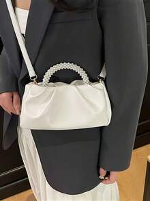 New Fashion Pearl Handbag Mini Square Bag, Shoulder & Crossbody Bag, Phone Pouch, Pearl Handbag For Wedding Party,Rookies & White-Collar Workers For Teacher Gifts/For Girl, Teen Girls For Lady For Business/Commute/Work/Office For Festivals/Vacation/Holiday For Outdoors/Outings/Travel/Hiking For Summer For Autumn And Winter For Fall Essential Fashionable Beige Canvas Retro Contrast PU Mini Handbag,Beach Bag,Holiday Essentials,Travel Bag