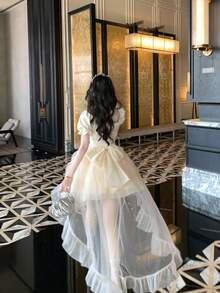 2025 New Arrival Half Love Word Big Ribbon Princess Dress Jacquard Fluffy Fine Glitter Trailing Dress Birthday Dress - Apricot Skirt - View 6