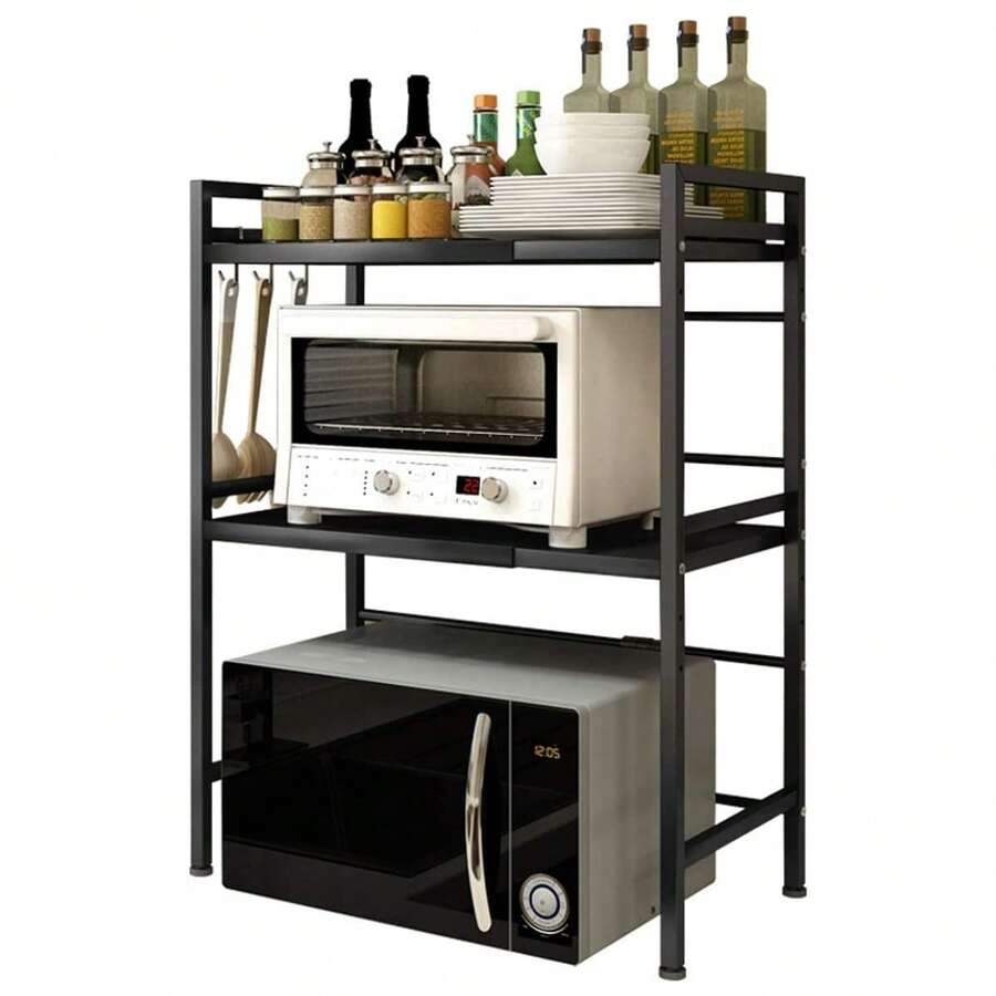 Microwave Shelf (3-Tier) - Maximum Stability Thanks To Non-Slip And Rubberized Feet - Extendable Microwave Shelf 40-64cm - Incl. Instructions And 6 Hooks - 黑色 - 查看 1
