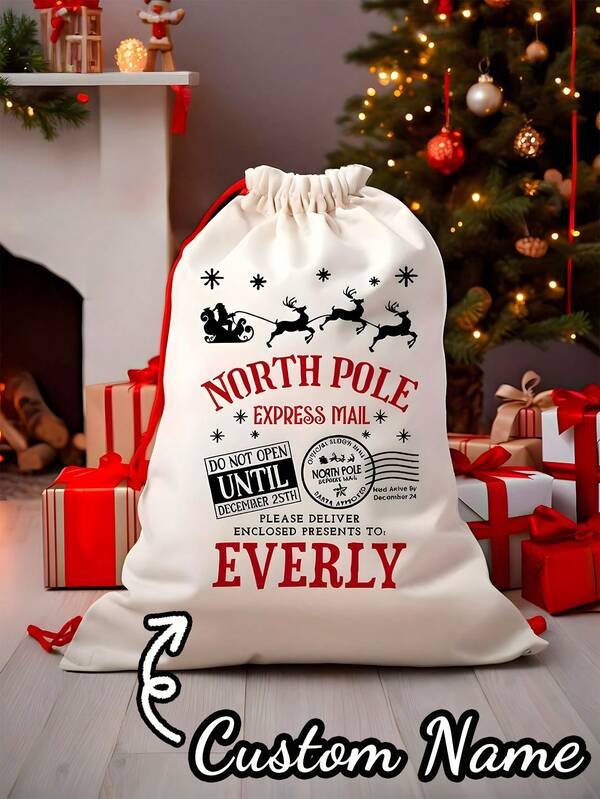 1pc-Customized Christmas Gift Bags, Custom Gift Bags,Personalized Christmas Eve Gift Bags, Christmas Decorations, Gifts, Christmas, Christmas Gifts, Custom Santa Claus Sacks, Drawstring Bags Combining Santa Claus Sleigh Patterns And Custom Text Bags, Personalized Christmas Gift Bags, Christmas Gifts