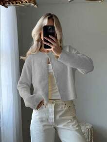 Women's Minimalist Solid Color Round Neck Button Long Sleeve Knit Cardigan Sweater, Suitable For Halloween And Christmas - Light Grey - View 1