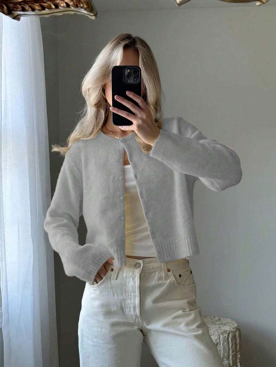 Women's Minimalist Solid Color Round Neck Button Long Sleeve Knit Cardigan Sweater, Suitable For Halloween And Christmas - Light Grey - View 1