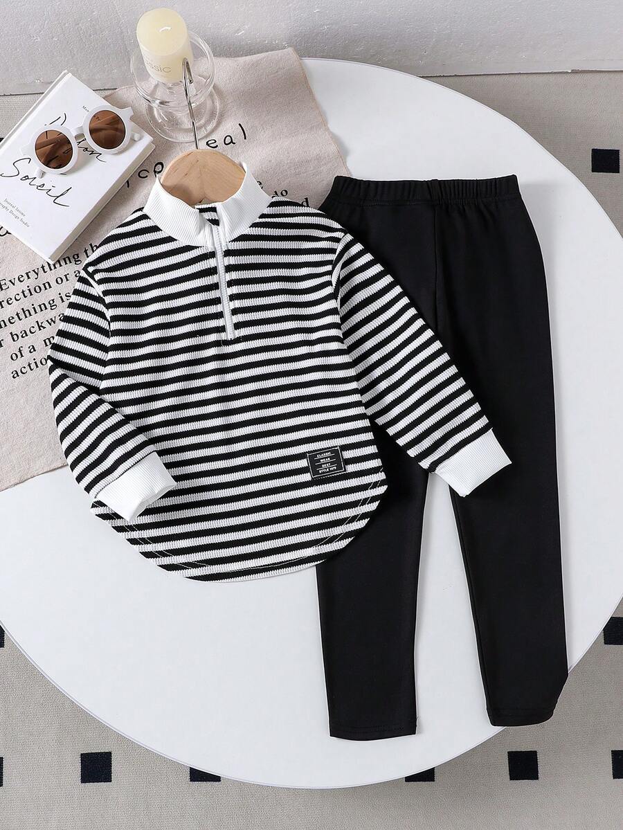 2 piezas/set de Top de manga larga a rayas casual y pantalones para niña joven, primavera/agosto - Blanco y Negro - Ver 1