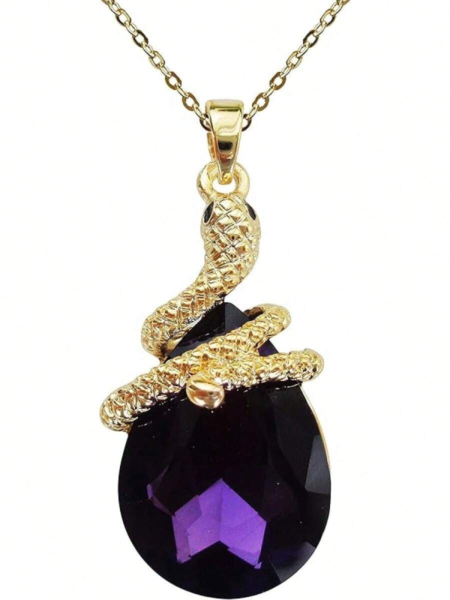 18k Gold Plated Water Drop Crystal Multicolor Snake Pendant Necklace 16"+2"2025 - Purple - View 1