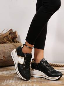 时尚舒适一脚蹬防滑女式厚底运动鞋，轻便休闲侧拉链设计简约白色鞋子，PU 网眼面料纯色休闲女鞋 - 黑色 - 查看 5