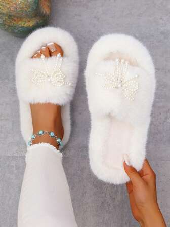 Women's White Bow Fluffy Slippers, Thick Sole Indoor Strap Fur Slides, Fashionable For Autumn/Winter