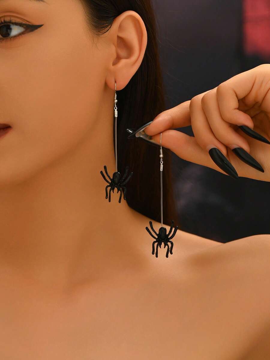 1 Pair Black Spider Halloween Earrings, Fashion Exaggerated Dark Gothic Invisible Transparent Line Spider Pendant Earrings, Party Earrings