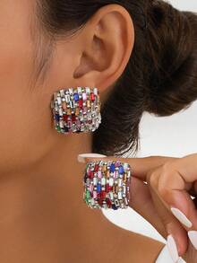1 Pair Vintage Colorful Glass Stud Earrings With Inlaid Multicolor Rhinestone Square Earrings, Luxury Niche Jewelry Suitable For Women, Party, Date, Sexy Accessories - Colored Earrings - View 7