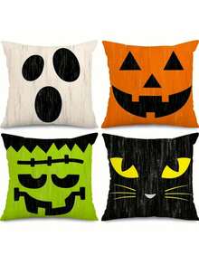 4 Peças Capas de Almofada de Halloween - 45 x 45 cm Capa de Almofada Retro com Expressões de Personagens de Halloween - Capa de Almofada Rústica Colorida de Halloween para Decoração de Casa, Sofá, Presente de Aniversário, Formatura, Decoração de Outono, Decoração de Quarto