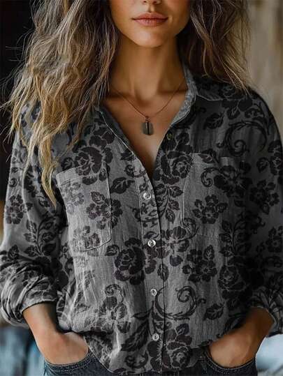 Plus Size Women's Retro Floral Printed Fashionable Shirt,Front Chest Dual Pocket Design Women Blouse