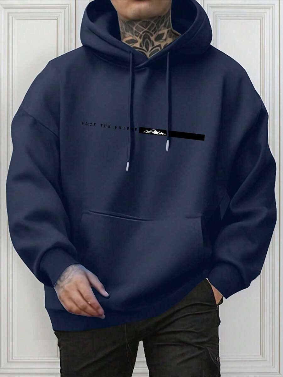 男士休闲时尚百搭日常通勤简约印花袋鼠口袋抽绳连帽衫，秋冬款 - 藏蓝色 - 查看 1