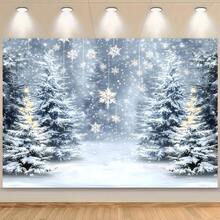 1 Winter Wonderland Christmas Background Cloth, Snowy Forest Scene With Twinkling Lights, Festive Wall Decoration, Perfect For Holiday Parties, Birthdays, Weddings, And Christmas Indoor & Outdoor Decorations. - Multicolor - View 1