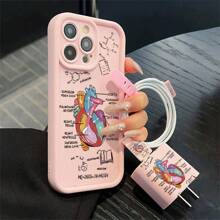 مجموعة 5 في 1: غطاء هاتف بتصميم قلب وردي + غطاء شاحن + واقي كابل + حافظة سلك، حافظة واقية مقاومة للصدمات من مادة TPU متوافقة مع هواتف آيفون 6/7/8/X/Xs/XR/XS Max/11/12/13/14/15/16 برو ماكس، حافظة شاحن، إكسسوارات الهاتف