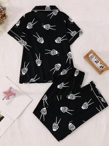 女士骷髅手印针织睡衣套装 - 短袖开衫上衣和长裤，万圣节睡衣适合外穿 - 黑色 - 查看 2