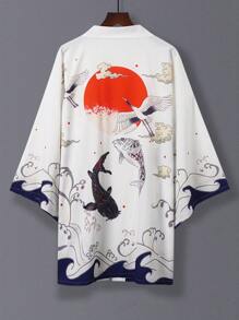 时尚 3/4 袖好运锦鲤印花汉服长袍，宽松休闲和服，男女通用情侣款，适合旅行/街头装，轻便开衫外套薄夹克，适合春夏季节 - 白色 - 查看 2