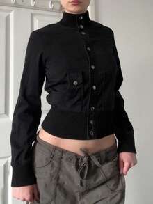 黑色单排扣立领女士休闲长袖外套，复古Y2K风格开衫，适合秋冬季穿着 - 黑色 - 查看 6