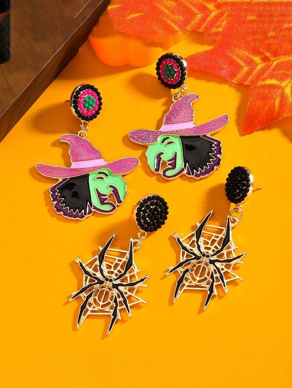 1 paire de boucles d'oreilles araignée et sorcier d'Halloween, boucles d'oreilles pendantes rondes à perles exagérées pour festival