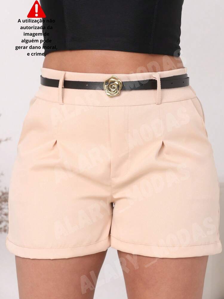 Women's Tailored Shorts High Waist With Golden Flower Belt And Pockets Summer Fashion From S To G3 Plus Size - Beige - View 1