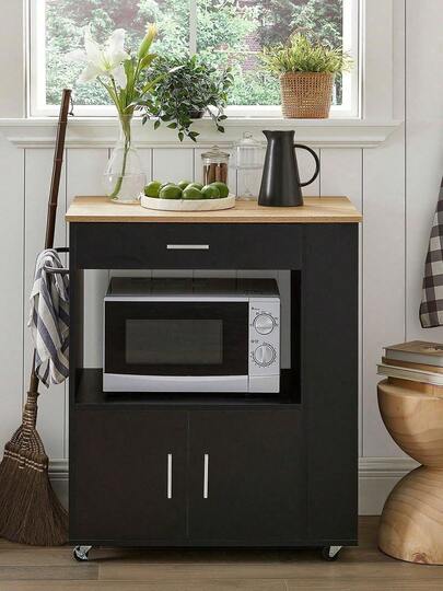 SoBuy FKW113-SCH, Chariot de cuisine Chariot de rangement Chariot de service Armoire de cuisine Armoire à micro-ondes, Noir
