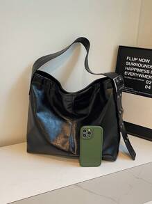 1 pieza Bolso de hombro de mujer de estilo vintage negro con remaches, ojetes y costuras, con acabado encerado, bolso de tote versátil y casual apto para uso diario, ir a la universidad, de gran capacidad tipo cubo, nueva llegada de otoño/invierno