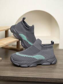 1 Pair Kids Knitted Sneakers, Slip-On Sports Shoes, Breathable Non-Slip Running Shoes, Fashionable Casual Mesh Trainers For Students