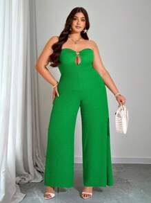 女士加大码春夏露肩连体裤，适合度假，时尚外出装，绿色节日装饰的关键季节性单品