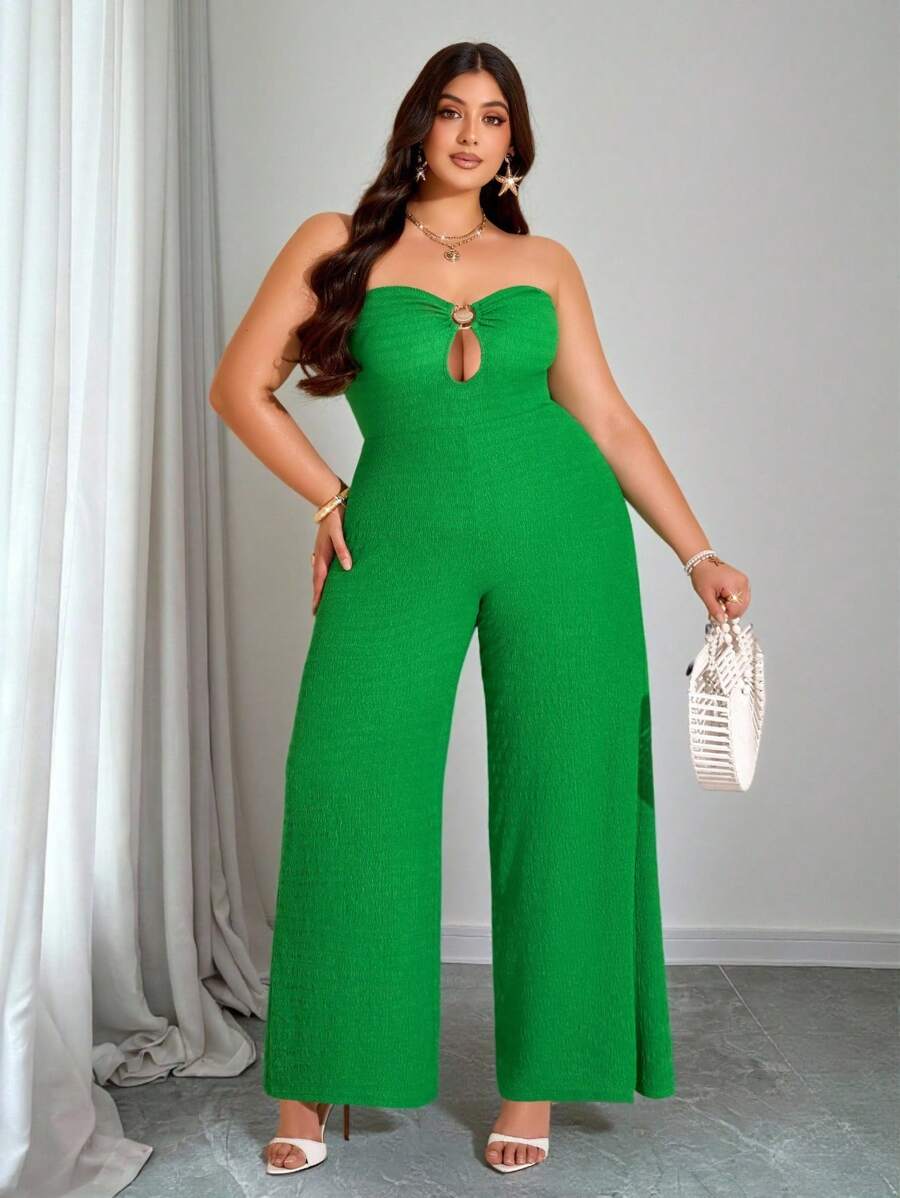 女士加大码春夏露肩连体裤，适合度假，时尚外出装，绿色节日装饰的关键季节性单品