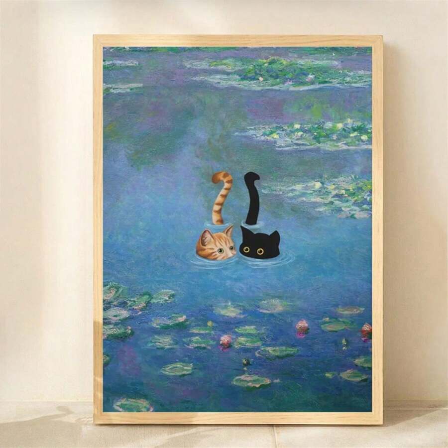 莫奈睡莲场景中的奇特橙色和黑色猫帆布艺术印刷品 - 鲜艳的蓝色和绿色,无框墙面装饰,适合客厅、卧室、厨房、办公室或咖啡厅 - 完美的情人节礼物,客厅艺术品 | 莫奈风格艺术 | 鲜艳的色彩艺术,猫咪装饰 - 彩色 - 查看 1