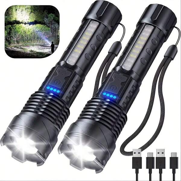 2PACK USB Rechargeable LED Flashlights, 7 Modes Super Bright Handheld Flashlight, Zoomable, Long Lasting Torch, For Outdoor Hiking Camping