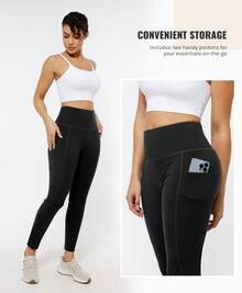 Women Leggings High Waisted Yoga Pants With Pockets Loose Leggings For Women Workout - 黑色 - 查看 5