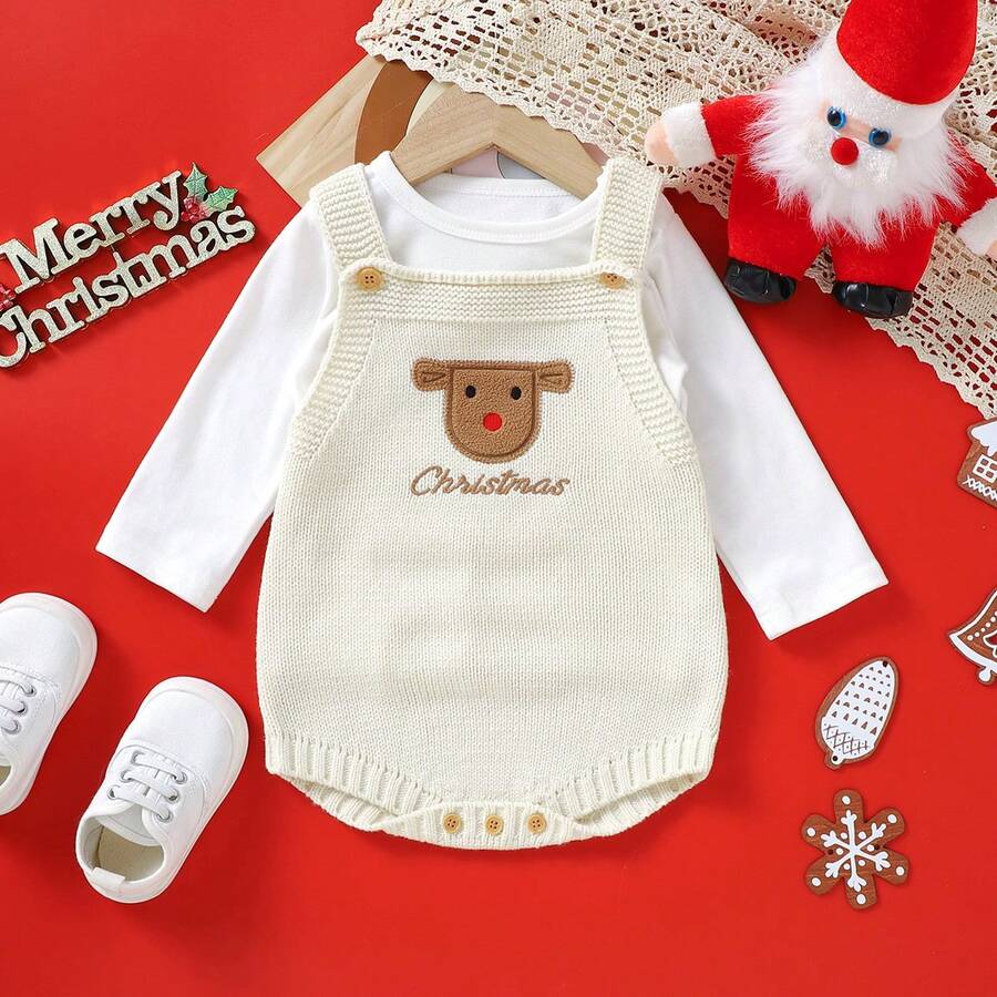 Christmas Baby Girls Bodysuit, Deer Embroidery Cute Adorable - Beige - View 1