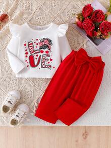 2pcs Baby Girl Fashion "Love" Letter Heart & Graphic Print Cap Sleeve Tee And Casual Elastic Waist Pants With Bow Decor Set - Red - View 1