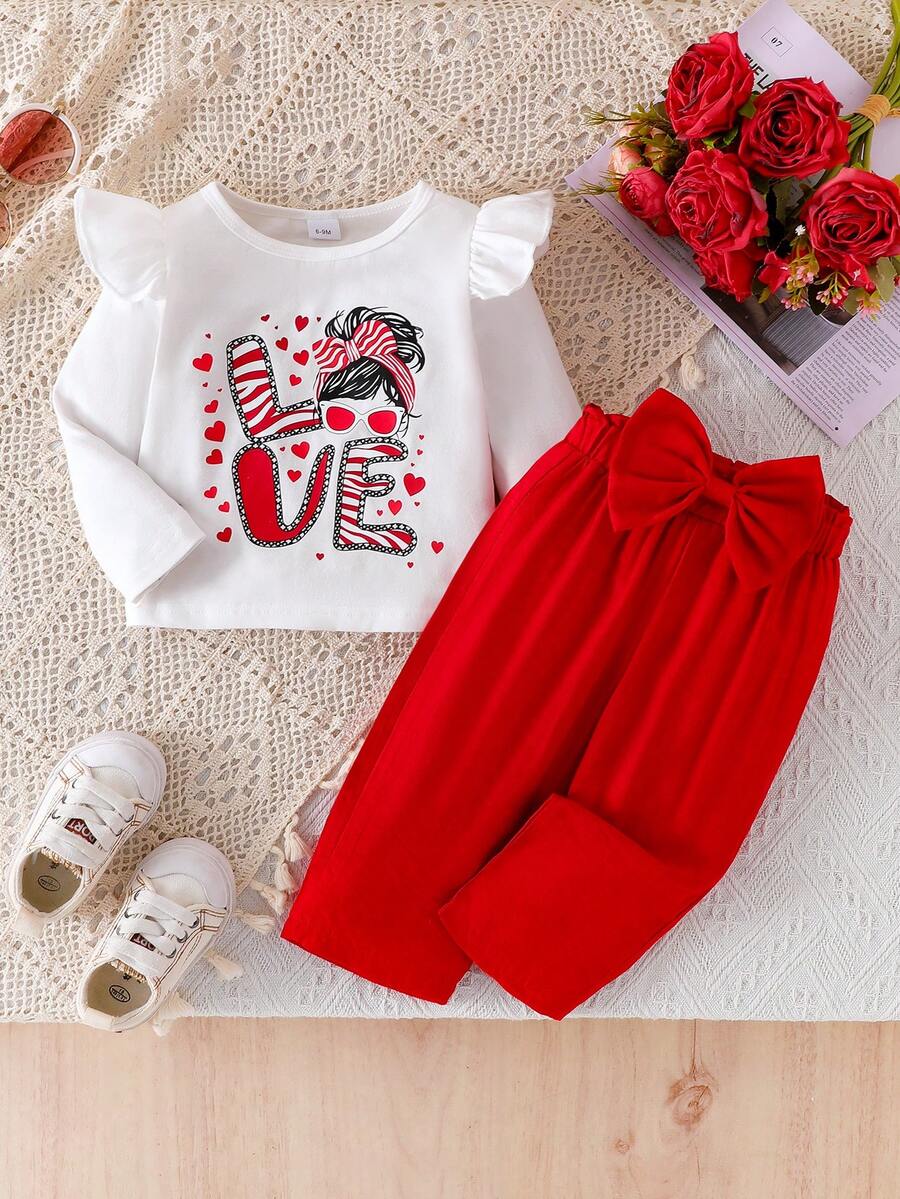 2pcs Baby Girl Fashion "Love" Letter Heart & Graphic Print Cap Sleeve Tee And Casual Elastic Waist Pants With Bow Decor Set - Red - View 1