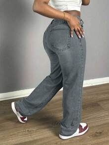 Women's Casual Loose Straight Leg Jeans, Paired With Distressed Decorations, Suitable For All Seasons, Suitable For Daily Outings, Parties, Back To School Season, Back To School Season, Rural Concerts - 灰色 - 查看 2