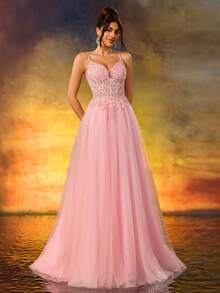 A Line Sweetheart Neck Applique Evening Prom Dress Spaghetti Tulle Lace Up Party Dress - Pink - View 8