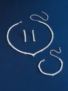 奢华闪耀全钻马赛克几何简约新娘首饰套装 情人节配饰 - 白色項鍊3件套裝 - 查看 10