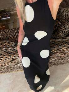 Vivid Style Women's Fashionable Sleeveless Polka Dot Knit Dress, Elegant And Slimming, Suitable For Christmas, New Year And Various Occasions