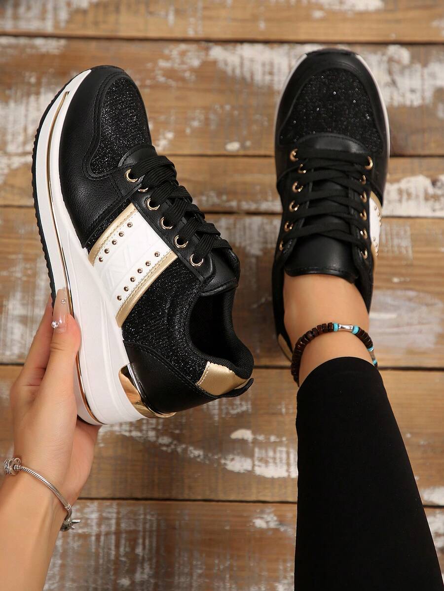 时尚舒适一脚蹬防滑女式厚底运动鞋，轻便休闲侧拉链设计简约白色鞋子，PU 网眼面料纯色休闲女鞋